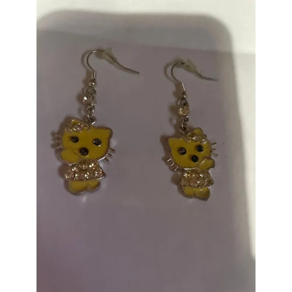 Hello Kitty Yellow Enamel Crystal Dangle Earrings Kawaii Fashion‎ Jewelry